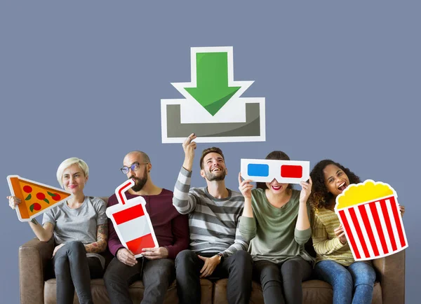 Group Diverse Friends Movie Download Concept — Stock Photo, Image