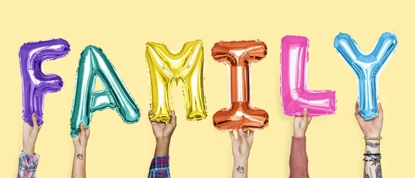 Hände Zeigen Familie Luftballons Wort — Stockfoto