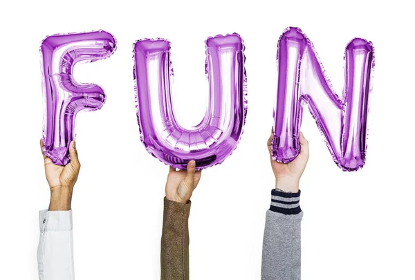Paarse Alfabet Ballonnen Vormen Het Woord Plezier — Stockfoto