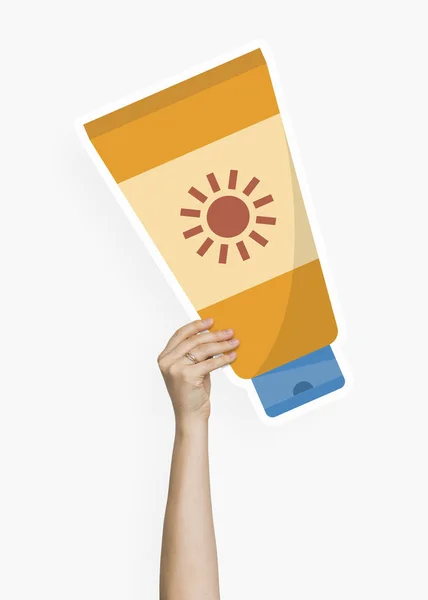 Bir Güneş Ekran Losyon Karton Pervane Tutan — Stok fotoğraf