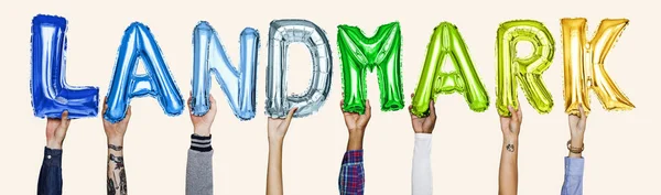 Hands Showing Landmark Balloons Word — Stock Photo, Image