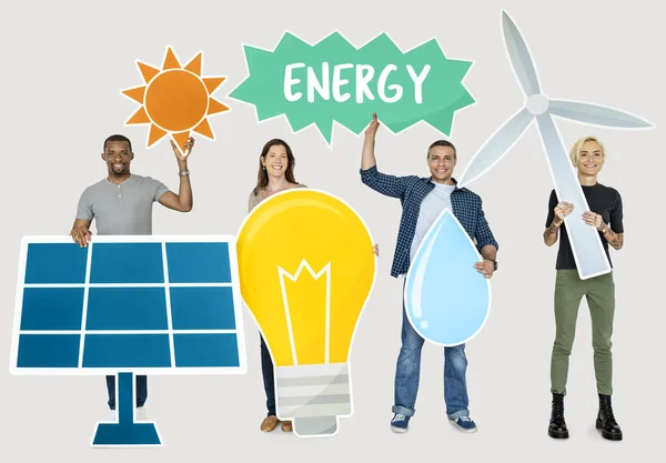 Diverse People Holding Energy Saving Icons — Stock Photo, Image