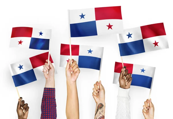 Manos Ondeando Las Banderas Panamá —  Fotos de Stock