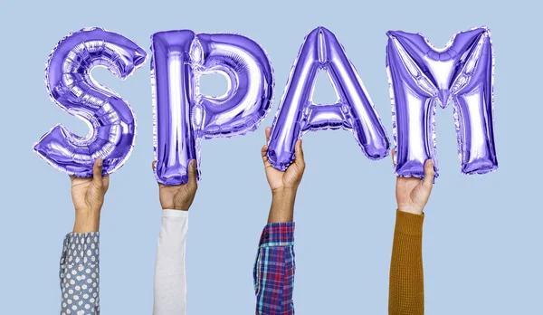 Tangan Memegang Kata Spam Dalam Surat Balon — Stok Foto