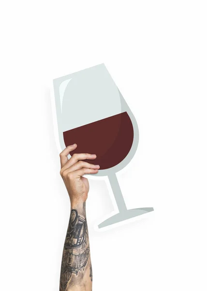 Hand Met Een Glas Rode Wijn Karton Prop — Stockfoto
