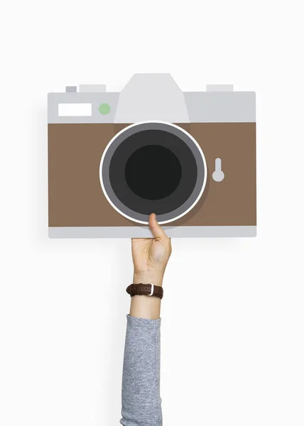 Hand Holding Camera Cardboard Prop — Stock Photo, Image