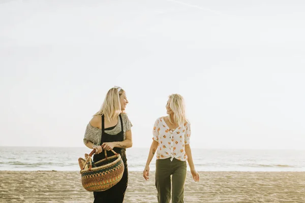 Amigos Caminando Por Playa Con Una Cesta Picnic — Foto de Stock