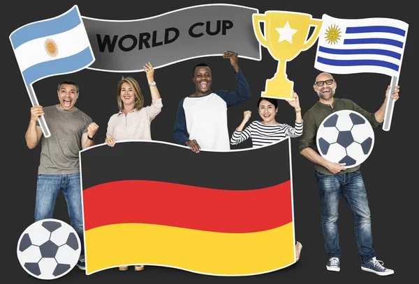 Diverse Football Fans Holding Flags Argentina Germany Uruguay — Stock Photo, Image