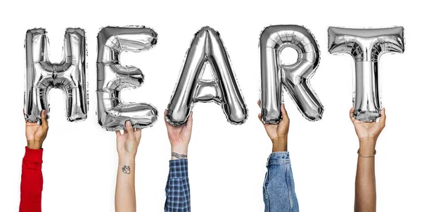 Graue Silberne Luftballons Die Das Wort Herz Bilden — Stockfoto