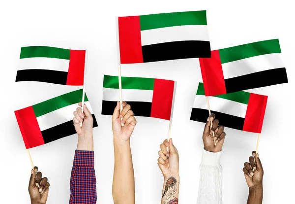 Handen Zwaaien Vlag Van Verenigde Arabische Emiraten — Stockfoto