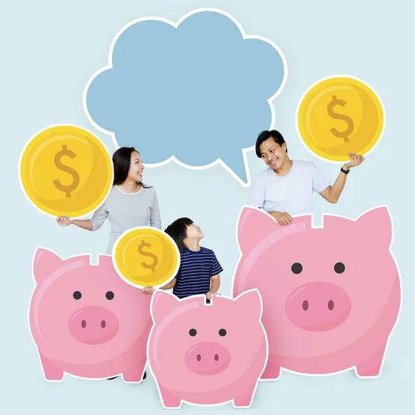 Gelukkige Familie Met Besparingen Piggy Banks — Stockfoto