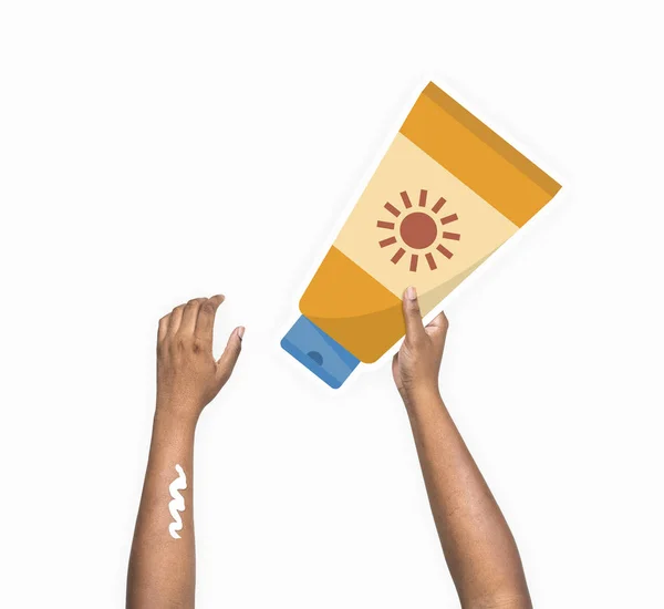 Χέρι Που Κρατά Την Οθόνη Ήλιο Λοσιόν Χαρτόνι Σφήνα — Φωτογραφία Αρχείου