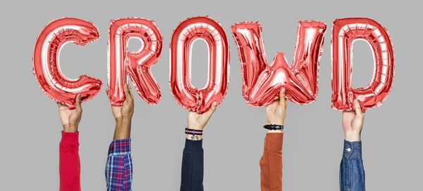 Hände Halten Wort Der Menge Luftballonbuchstaben — Stockfoto