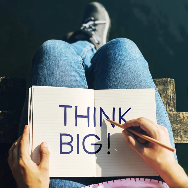 Woman Writing Think Big Notebook — Stock Photo, Image