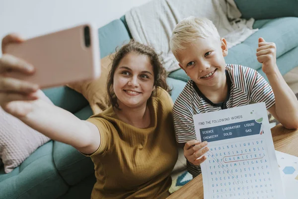 Sister Taking Selfie Her Little Brother — Stock Photo, Image