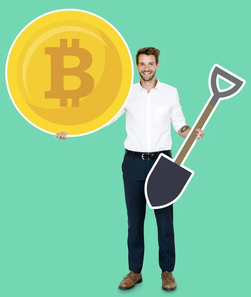 Geschäftsmann Hält Kryptowährung Bitcoin Und Mining Konzept Symbole — Stockfoto