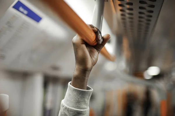 Man Holding Handrail Train — Stock Photo, Image