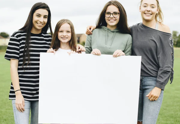 Group Young Women Showing Blank Board — Stock Photo, Image