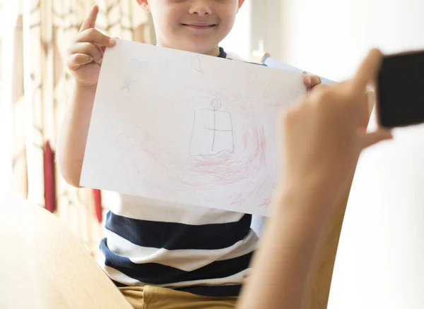 Little Boy Showing His Drawing — Stock Photo, Image