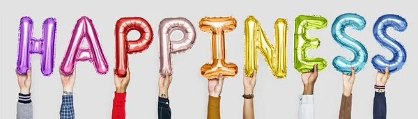 Balões Alfabetos Coloridos Formando Palavra Felicidade — Fotografia de Stock