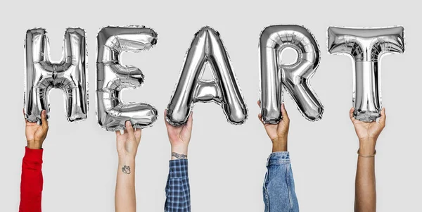 Graue Silberne Luftballons Die Das Wort Herz Bilden — Stockfoto