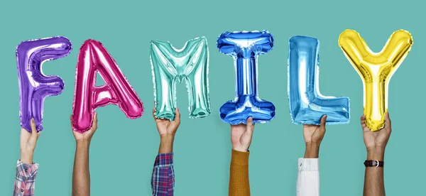 Hände Zeigen Familie Luftballons Wort — Stockfoto