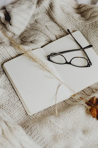 Brille Und Notizbuch Auf Cremefarbenem Pullover — Stockfoto