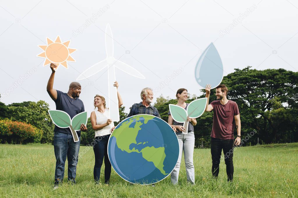 Cheerful people with energy conservation icons