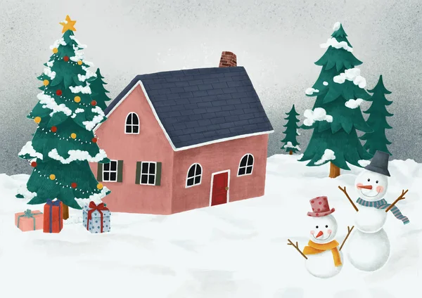 Casa Roja Dibujada Mano Una Navidad Blanca Junto Árbol Navidad — Archivo Imágenes Vectoriales