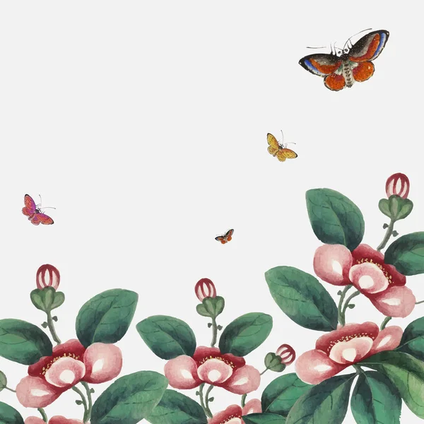 Pittura Cinese Con Fiori Farfalle Carta Parati — Vettoriale Stock