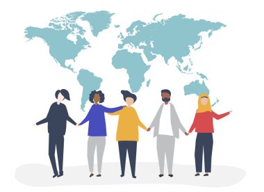 Dünya harita illüstrasyon ile insanların karakter çizimi