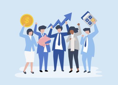 İş adamlarının karakterleri ve performans büyüme simgeleri