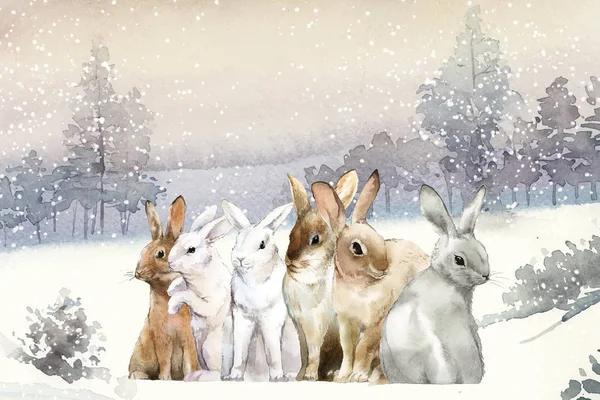 野兔在冬天的雪中被水彩画 — 图库矢量图片