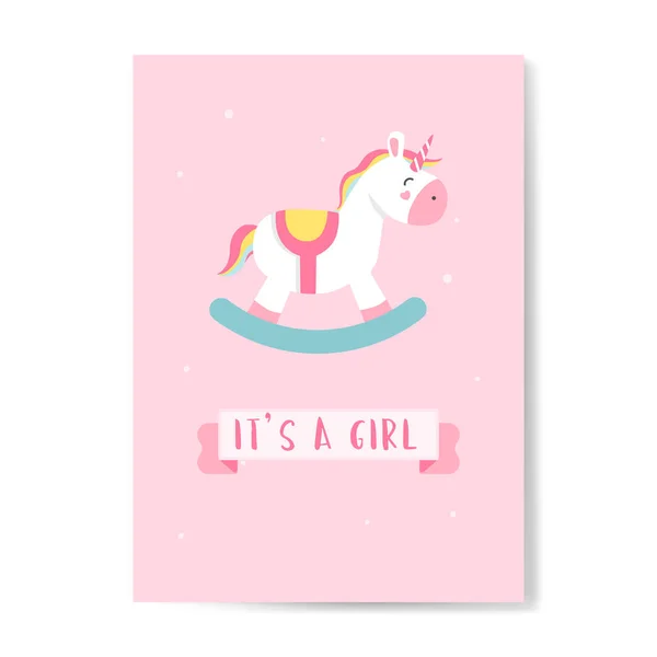Its Girl Baby Shower Card Rocking Horse Vector — Stock Vector