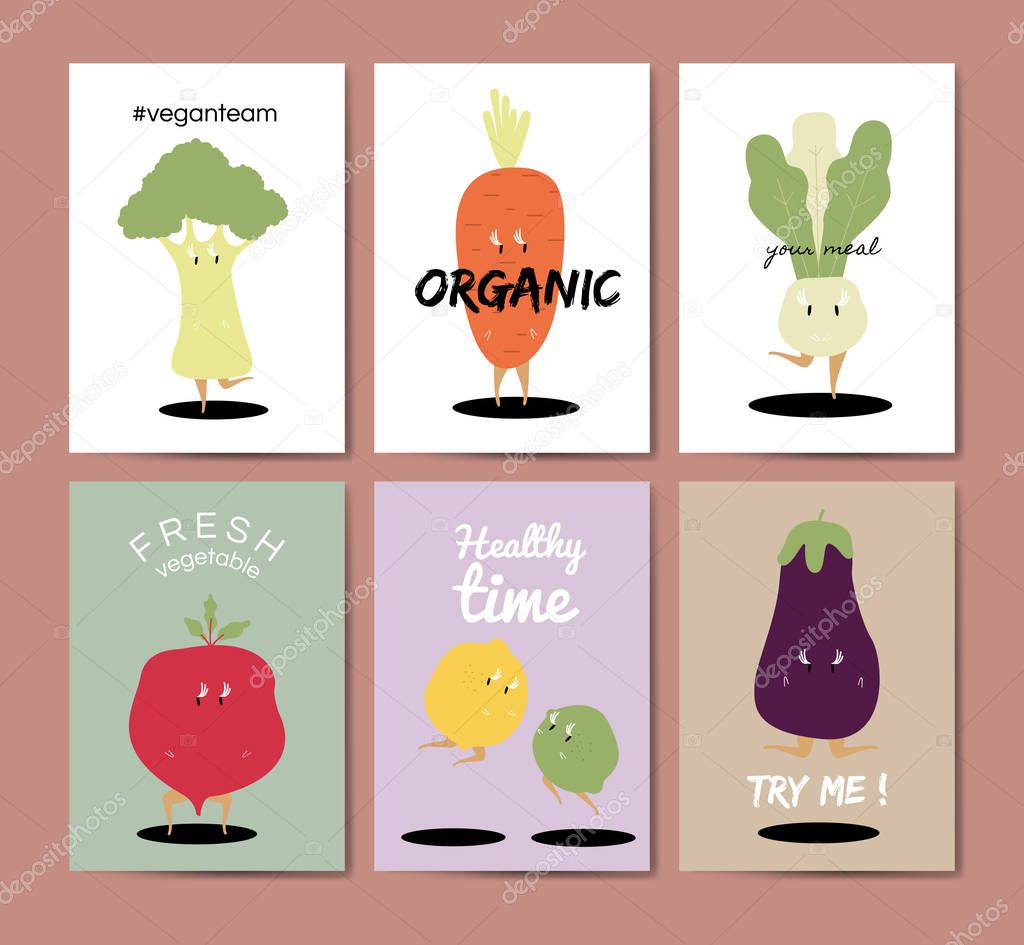 Vegetable cartoons greeting card vector set