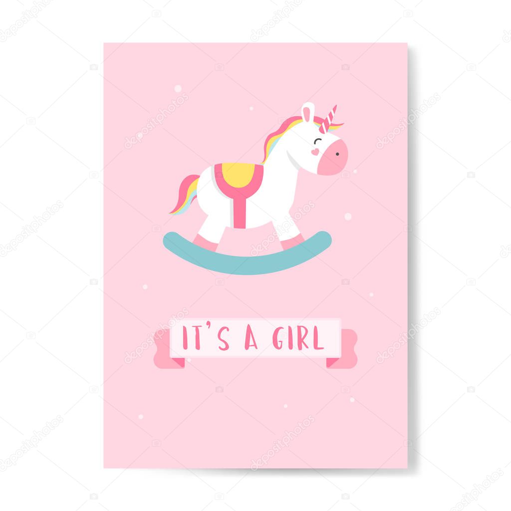 Its a girl baby shower card with a rocking horse vector