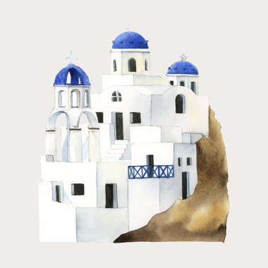 Santorini Kiklad suluboya resim evler