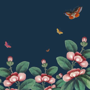 İçinde çiçekler ve kelebekler olan Çin tabloları.