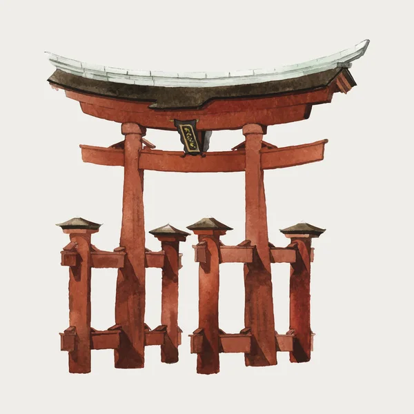 Japanese Torii Gate Watercolor Illustration — Stock Vector