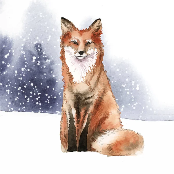 Hand Drawn Fox Snow Watercolor Style — Stock Vector