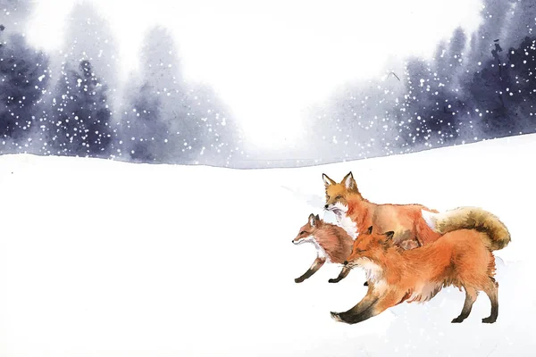 雪水彩风格中的手绘狐狸 — 图库矢量图片