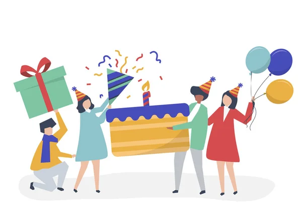 Ilustração Caráter Pessoas Segurando Ícones Festa Aniversário — Vetor de Stock