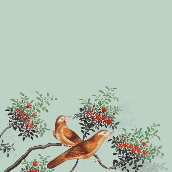 Pintura China Con Dos Pájaros Una Tarjeta Rama Árbol Floreciente — Vector de stock