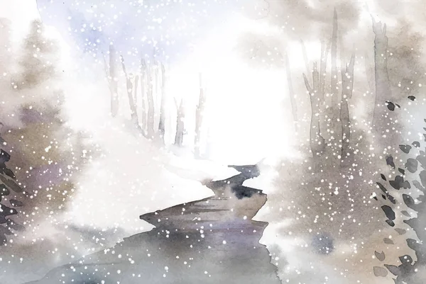 Paysage Hivernal Des Merveilles Peint Par Vecteur Aquarelle — Image vectorielle