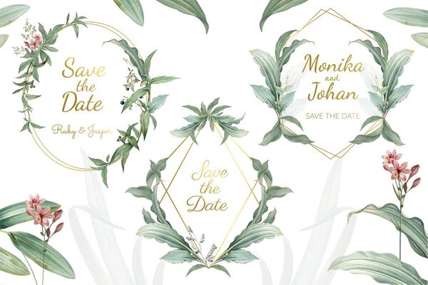 Green floral wedding invitation frames vector