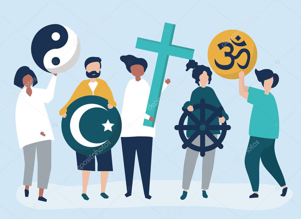 People holding diverse religious symbols illustration