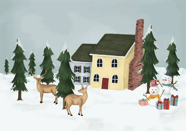 Jachère Dessinée Main Entrant Dans Village Jour Noël — Image vectorielle