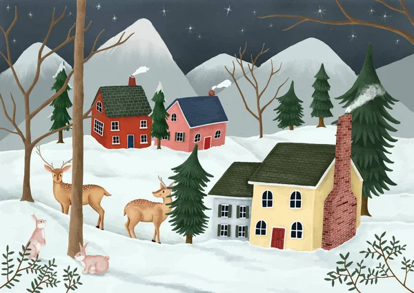 Hand Drawn Village Starry Night Deer Rabbits Neighborhood Royalty Free Stock Vectors