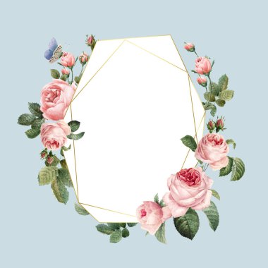 El çekilmiş boş pembe güller çerçevesi üzerinde mavi arka plan vektör