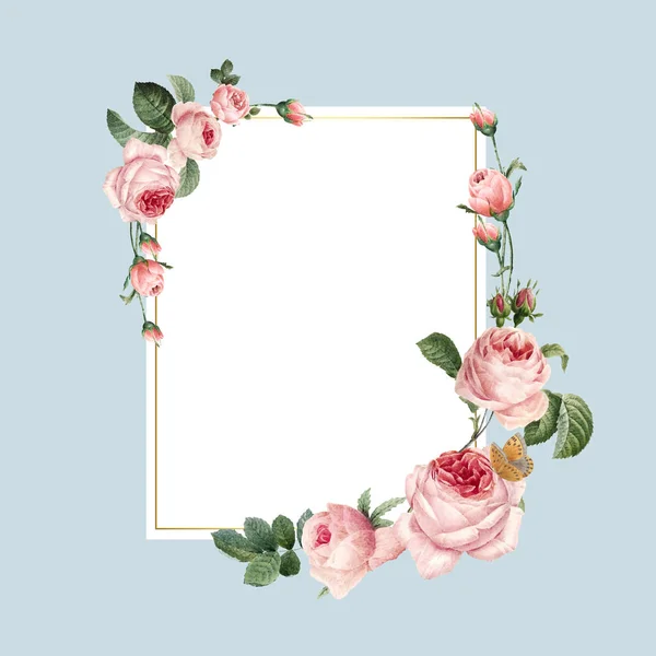 Blank Rectangle Pink Roses Frame Blue Background Vector — Stock Vector